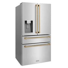 ZLINE Autograph Edition 36 in. 21.6 cu. ft. Counter-Depth French Door Refrigerator with Water and Ice Dispenser in Fingerprint-Resistant Stainless Steel with Champagne Bronze Traditional Handles - RFMZ-W-36-CB - The Home Selection