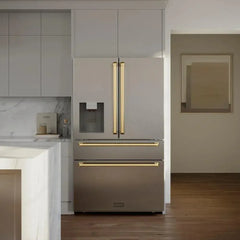 ZLINE Autograph Edition 36 in. 21.6 cu. ft. Counter-Depth French Door Refrigerator with Water and Ice Dispenser in Fingerprint-Resistant Stainless Steel with Champagne Bronze Traditional Handles - RFMZ-W-36-CB - The Home Selection