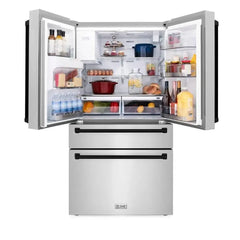 ZLINE Autograph Edition 36 in. 21.6 cu. ft. Counter-Depth French Door Refrigerator with Water and Ice Dispenser in Fingerprint-Resistant Stainless Steel with Champagne Bronze Traditional Handles - RFMZ-W-36-CB - The Home Selection