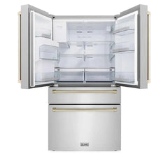 ZLINE Autograph Edition 36 in. 21.6 cu. ft. Counter-Depth French Door Refrigerator with Water and Ice Dispenser in Fingerprint-Resistant Stainless Steel with Champagne Bronze Traditional Handles - RFMZ-W-36-CB - The Home Selection