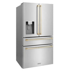 ZLINE Autograph Edition 36 in. 21.6 cu. ft. Counter-Depth French Door Refrigerator with Water and Ice Dispenser in Fingerprint-Resistant Stainless Steel with Champagne Bronze Traditional Handles - RFMZ-W-36-CB - The Home Selection