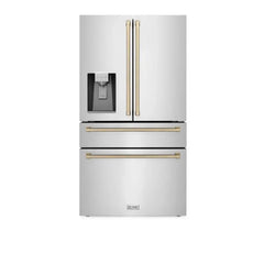 ZLINE Autograph Edition 36 in. 21.6 cu. ft. Counter-Depth French Door Refrigerator with Water and Ice Dispenser in Fingerprint-Resistant Stainless Steel with Champagne Bronze Traditional Handles - RFMZ-W-36-CB - The Home Selection