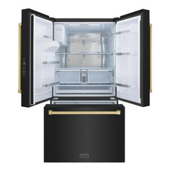 ZLINE Autograph Edition 36 in. 28.9 cu. ft. Standard-Depth French Door External Water Dispenser Refrigerator with Dual Ice Maker in Black Stainless Steel and Champagne Bronze Handles - RSMZ-W-36-BS-CB - The Home Selection