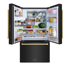 ZLINE Autograph Edition 36 in. 28.9 cu. ft. Standard-Depth French Door External Water Dispenser Refrigerator with Dual Ice Maker in Black Stainless Steel and Champagne Bronze Handles - RSMZ-W-36-BS-CB - The Home Selection