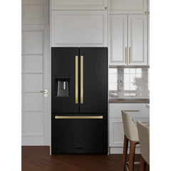 ZLINE Autograph Edition 36 in. 28.9 cu. ft. Standard-Depth French Door External Water Dispenser Refrigerator with Dual Ice Maker in Black Stainless Steel and Champagne Bronze Modern Handles - RSMZ-W36-BS-FCB - The Home Selection
