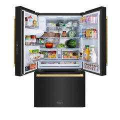 ZLINE Autograph Edition 36 in. 28.9 cu. ft. Standard-Depth French Door External Water Dispenser Refrigerator with Dual Ice Maker in Black Stainless Steel and Champagne Bronze Modern Handles - RSMZ-W36-BS-FCB - The Home Selection