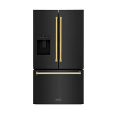 ZLINE Autograph Edition 36 in. 28.9 cu. ft. Standard-Depth French Door External Water Dispenser Refrigerator with Dual Ice Maker in Black Stainless Steel and Polished Gold Handles - RSMZ-W-36-BS-G - The Home Selection