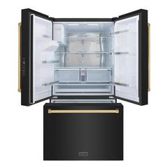 ZLINE Autograph Edition 36 in. 28.9 cu. ft. Standard-Depth French Door External Water Dispenser Refrigerator with Dual Ice Maker in Black Stainless Steel and Polished Gold Handles - RSMZ-W-36-BS-G - The Home Selection