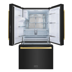 ZLINE Autograph Edition 36 in. 28.9 cu. ft. Standard-Depth French Door External Water Dispenser Refrigerator with Dual Ice Maker in Black Stainless Steel and Polished Gold Square Handles - RSMZ-W-36-BS-FG - The Home Selection