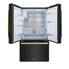 ZLINE Autograph Edition 36 in. 28.9 cu. ft. Standard-Depth French Door External Water Dispenser Refrigerator with Dual Ice Maker in Black Stainless Steel and Polished Gold Square Handles - RSMZ-W-36-BS-FG - The Home Selection