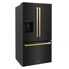 ZLINE Autograph Edition 36 in. 28.9 cu. ft. Standard-Depth French Door External Water Dispenser Refrigerator with Dual Ice Maker in Black Stainless Steel and Polished Gold Square Handles - RSMZ-W-36-BS-FG - The Home Selection