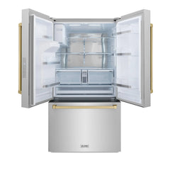 ZLINE Autograph Edition 36 in. 28.9 cu. ft. Standard-Depth French Door External Water Dispenser Refrigerator with Dual Ice Maker in Fingerprint Resistant Stainless Steel and Champagne Bronze Handles - RSMZ-W-36 - The Home Selection
