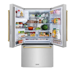 ZLINE Autograph Edition 36 in. 28.9 cu. ft. Standard-Depth French Door External Water Dispenser Refrigerator with Dual Ice Maker in Fingerprint Resistant Stainless Steel and Champagne Bronze Handles - RSMZ-W-36 - The Home Selection