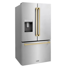 ZLINE Autograph Edition 36 in. 28.9 cu. ft. Standard-Depth French Door External Water Dispenser Refrigerator with Dual Ice Maker in Fingerprint Resistant Stainless Steel and Champagne Bronze Handles - RSMZ-W-36 - The Home Selection