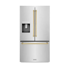 ZLINE Autograph Edition 36 in. 28.9 cu. ft. Standard-Depth French Door External Water Dispenser Refrigerator with Dual Ice Maker in Fingerprint Resistant Stainless Steel and Champagne Bronze Handles - RSMZ-W-36 - The Home Selection
