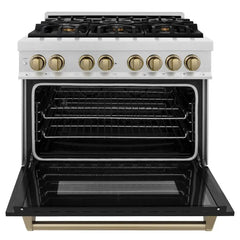 ZLINE Autograph Edition 36 in. 4.6 cu. ft. Dual Fuel Range with Gas Stove and Electric Oven in Fingerprint Resistant DuraSnow Stainless Steel with Black Matte Door - RASZ-BLM-36 - The Home Selection