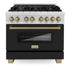 ZLINE Autograph Edition 36 in. 4.6 cu. ft. Dual Fuel Range with Gas Stove and Electric Oven in Fingerprint Resistant DuraSnow Stainless Steel with Black Matte Door - RASZ-BLM-36 - The Home Selection