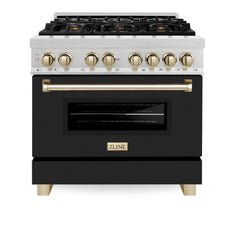 ZLINE Autograph Edition 36 in. 4.6 cu. ft. Dual Fuel Range with Gas Stove and Electric Oven in Fingerprint Resistant DuraSnow Stainless Steel with Black Matte Door - RASZ-BLM-36 - The Home Selection