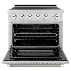 ZLINE Autograph Edition 36 in. 5.2 cu. ft. Paramount Induction Range with 5 Element Cooktop and Electric Convection Oven in Stainless Steel with Polished Nickel Helix Handle and Knob Accents - SINRZ-36-KPN - The Home Selection