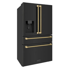 ZLINE Autograph Edition 36-Inch 21.6 cu. ft. Counter-Depth French Door Refrigerator with Water & Ice Dispenser in Fingerprint-Resistant Black Stainless Steel - RFMZ-W-36-BS-K - The Home Selection