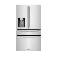 ZLINE Autograph Edition 36-Inch 21.6 cu. ft. Counter-Depth French Door Refrigerator with Water & Ice Dispenser in Fingerprint-Resistant Stainless Steel - RFMZ-W-36-K - The Home Selection