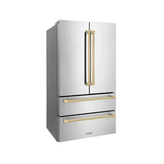 ZLINE Autograph Edition 36 Inch 22.5 cu. ft. Counter-Depth French Door Refrigerator with Ice Maker in Fingerprint-Resistant Stainless Steel and Traditional Handles - RFMZ-36 - The Home Selection