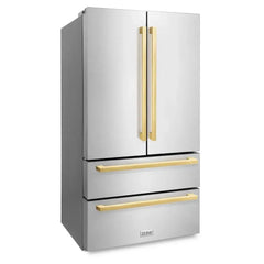 ZLINE Autograph Edition 36 Inch, 22.5 cu. ft. Counter-Depth French Door Refrigerator with Ice Maker in Fingerprint-Resistant Stainless Steel with Polished Gold Modern Handles - RFMZ-36-FG - The Home Selection