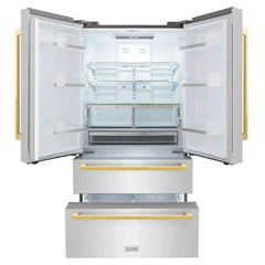 ZLINE Autograph Edition 36 Inch, 22.5 cu. ft. Counter-Depth French Door Refrigerator with Ice Maker in Fingerprint-Resistant Stainless Steel with Polished Gold Modern Handles - RFMZ-36-FG - The Home Selection