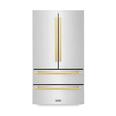 ZLINE Autograph Edition 36 Inch, 22.5 cu. ft. Counter-Depth French Door Refrigerator with Ice Maker in Fingerprint-Resistant Stainless Steel with Polished Gold Modern Handles - RFMZ-36-FG - The Home Selection