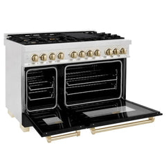 ZLINE Autograph Edition 48 in. 6.0 cu. ft. Dual Fuel Range with Gas Stove and Electric Oven in Fingerprint Resistant Stainless Steel with Black Matte Door - RASZ-BLM-48 - The Home Selection
