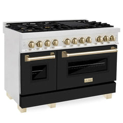 ZLINE Autograph Edition 48 in. 6.0 cu. ft. Dual Fuel Range with Gas Stove and Electric Oven in Fingerprint Resistant Stainless Steel with Black Matte Door - RASZ-BLM-48 - The Home Selection