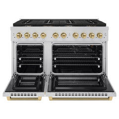 ZLINE Autograph Edition 48 in. 6.7 cu. ft. Paramount Double Oven Gas Range with 8 Burner Cooktop in Stainless Steel with Helix Handles and Knob Accents - SGRZ-48-K - The Home Selection
