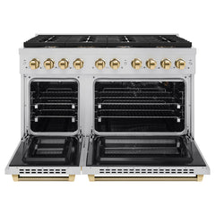 ZLINE Autograph Edition 48 in. 6.7 cu. ft. Paramount Double Oven Gas Range with 8 Burner Cooktop in Stainless Steel with Helix Handles and Knob Accents - SGRZ-48-K - The Home Selection