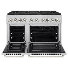 ZLINE Autograph Edition 48 in. 6.7 cu. ft. Paramount Double Oven Gas Range with 8 Burner Cooktop in Stainless Steel with Helix Handles and Knob Accents - SGRZ-48-K - The Home Selection