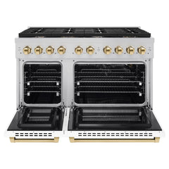 ZLINE Autograph Edition 48 in. 6.7 cu. ft. Paramount Double Oven Gas Range with 8 Burner Cooktop in Stainless Steel with White Matte Doors and Accents - SGRZ-WM-48 - The Home Selection