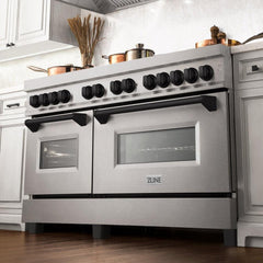 ZLINE Autograph Edition 60 in. 7.4 cu. ft. Legacy Dual Fuel Range with 9 Burner Gas Cooktop and 2 Electric Convection Ovens in DuraSnow® Stainless Steel - RASZ-SN-60 - The Home Selection
