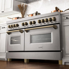 ZLINE Autograph Edition 60 in. 7.4 cu. ft. Legacy Dual Fuel Range with 9 Burner Gas Cooktop and 2 Electric Convection Ovens in DuraSnow® Stainless Steel - RASZ-SN-60 - The Home Selection