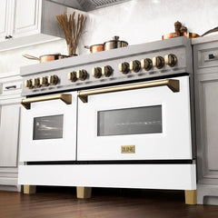 ZLINE Autograph Edition 60 in. 7.4 cu. ft. Legacy Dual Fuel Range with 9 Burner Gas Cooktop and 2 Electric Convection Ovens in DuraSnow® Stainless Steel with White Matte Doors - RASZ-WM-60 - The Home Selection
