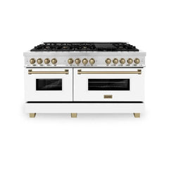 ZLINE Autograph Edition 60 in. 7.4 cu. ft. Legacy Dual Fuel Range with 9 Burner Gas Cooktop and 2 Electric Convection Ovens in Stainless Steel with White Matte Doors - RAZ-WM-60 - The Home Selection
