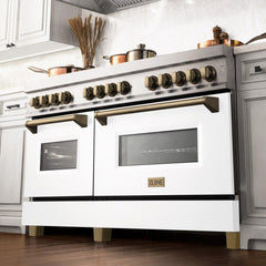 ZLINE Autograph Edition 60 in. 7.4 cu. ft. Legacy Dual Fuel Range with 9 Burner Gas Cooktop and 2 Electric Convection Ovens in Stainless Steel with White Matte Doors - RAZ-WM-60 - The Home Selection