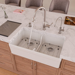 Alfi White 32" Short Wall Double Bowl Lip Apron Fireclay Farmhouse Kitchen Sink - White