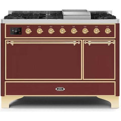 ILVE 48" Majestic II Series Freestanding Dual Fuel Liquid Propane Range with 8 Sealed Brass Non Stick Coated Burners and Griddle - UM12FDQNS3