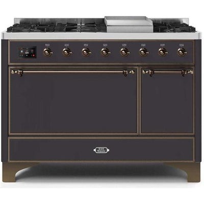ILVE 48" Majestic II Series Freestanding Dual Fuel Liquid Propane Range with 8 Sealed Brass Non Stick Coated Burners and Griddle - UM12FDQNS3