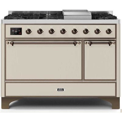 ILVE 48" Majestic II Series Freestanding Dual Fuel Liquid Propane Range with 8 Sealed Brass Non Stick Coated Burners and Griddle - UM12FDQNS3