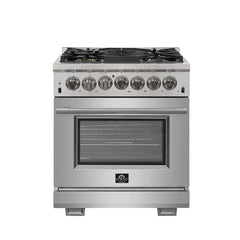 Forno 5-Piece Pro Appliance Package - 30" Dual Fuel Range, 56" Pro-Style Refrigerator, Wall Mount Hood with Backsplash, Microwave Drawer, & 3-Rack Dishwasher in Stainless Steel