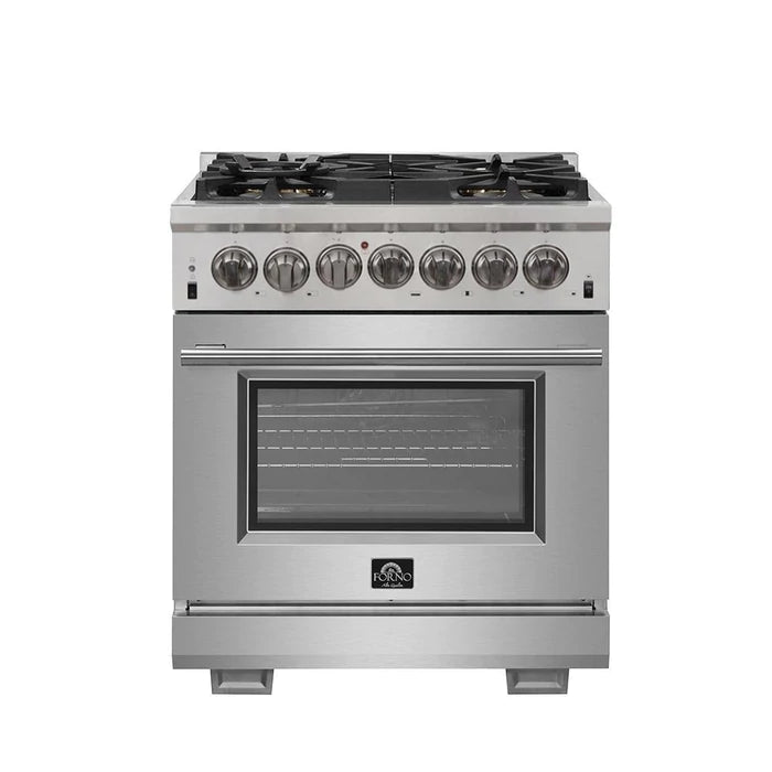 Forno 4-Piece Pro Appliance Package - 30" Dual Fuel Range, 36" Refrigerator with Water Dispenser, Microwave Oven, & 3-Rack Dishwasher in Stainless Steel