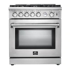 Forno 4-Piece Appliance Package - 30" Gas Range, 36" Refrigerator with Water Dispenser, Microwave Oven, & 3-Rack Dishwasher in Stainless Steel