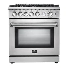 Forno 5-Piece Appliance Package - 30" Gas Range, 56" Pro-Style Refrigerator, Wall Mount Hood with Backsplash, Microwave Oven, & 3-Rack Dishwasher in Stainless Steel