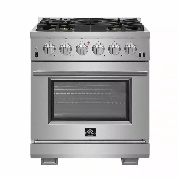 Forno 4-Piece Pro Appliance Package - 30" Gas Range, 36" Refrigerator with Water Dispenser, Microwave Oven, & 3-Rack Dishwasher in Stainless Steel