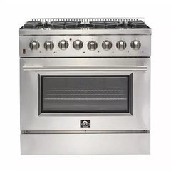 Forno 4-Piece Appliance Package - 36" Dual Fuel Range, 36" Refrigerator with Water Dispenser, Wall Mount Hood with Backsplash, & 3-Rack Dishwasher in Stainless Steel